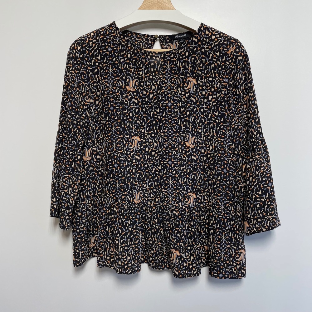 Madewell Silk Paisley Bird Print Peasant Blouse 3/4 Bell Sleeve‎ Top XS Black